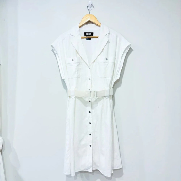 DKNY Women's Notched  Collar V-Neck Belted Shirtdress - Picture 3 of 9